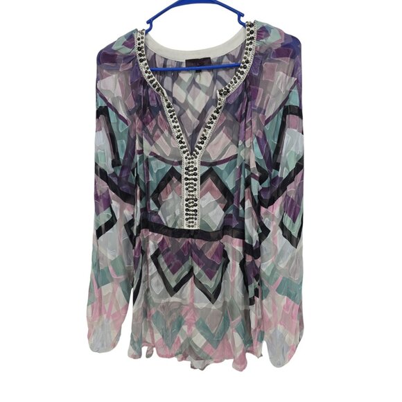 HALE BOB Size Large Womens Tunic Top Sheer Silk Blend Beaded Blouse - Picture 1 of 5